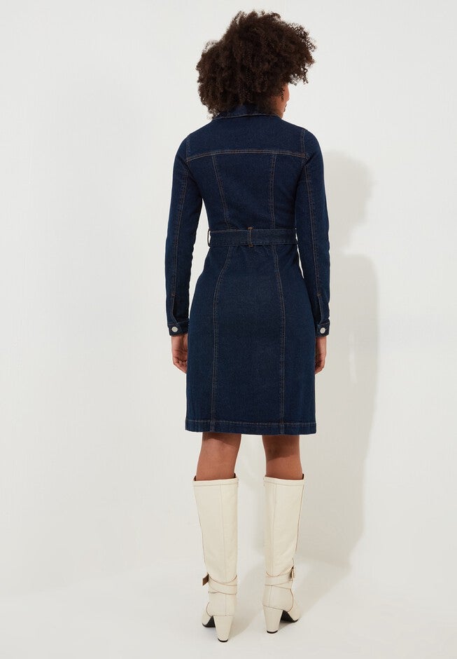 Belted Stretch Denim Dress, DARK BLUE, alternate image number null