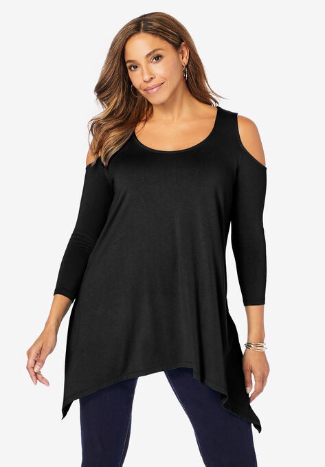 Cold Shoulder Hanky Hem Tunic, BLACK, hi-res image number null