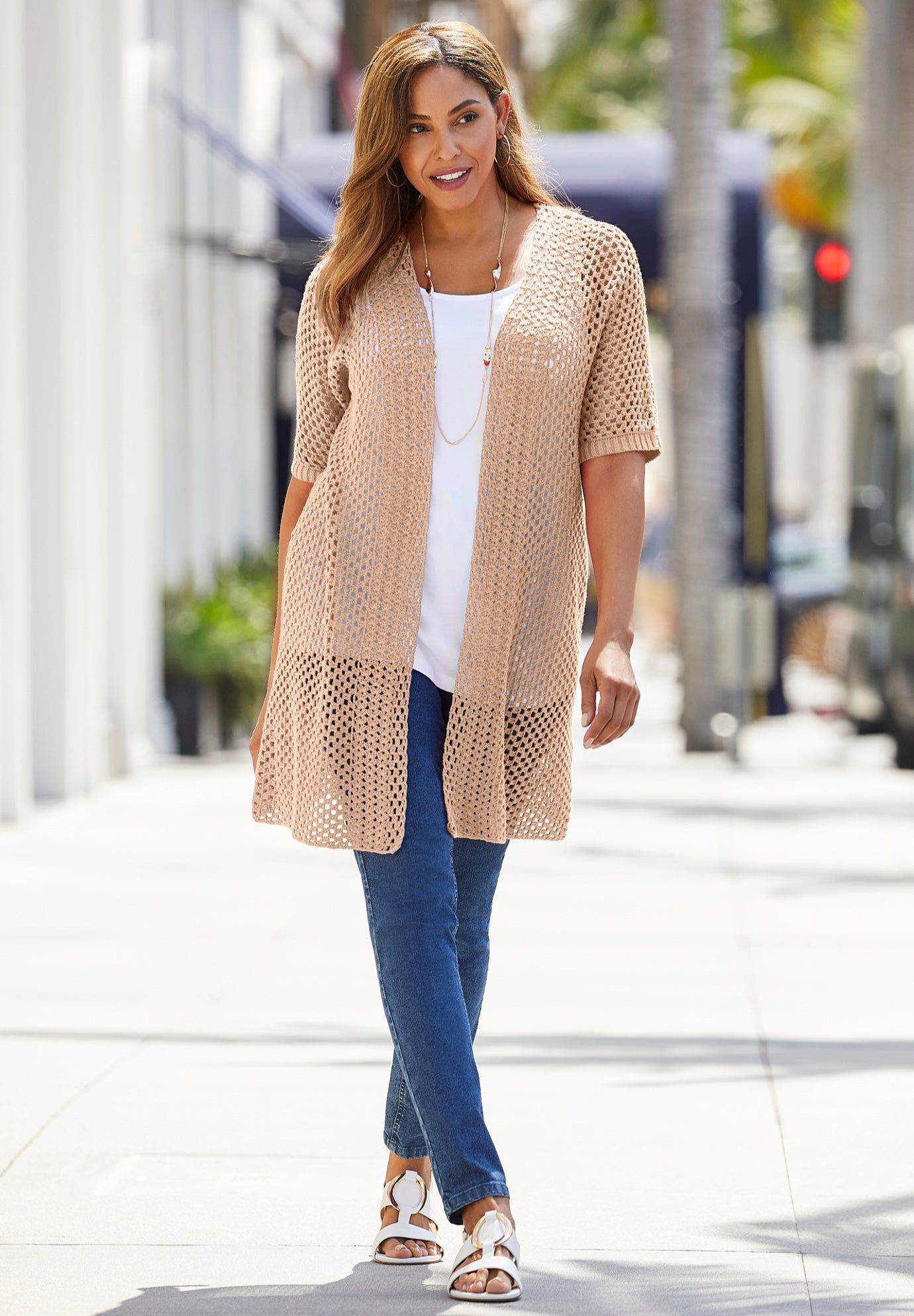 Crochet Long Cardigan, NEW KHAKI, hi-res image number 0