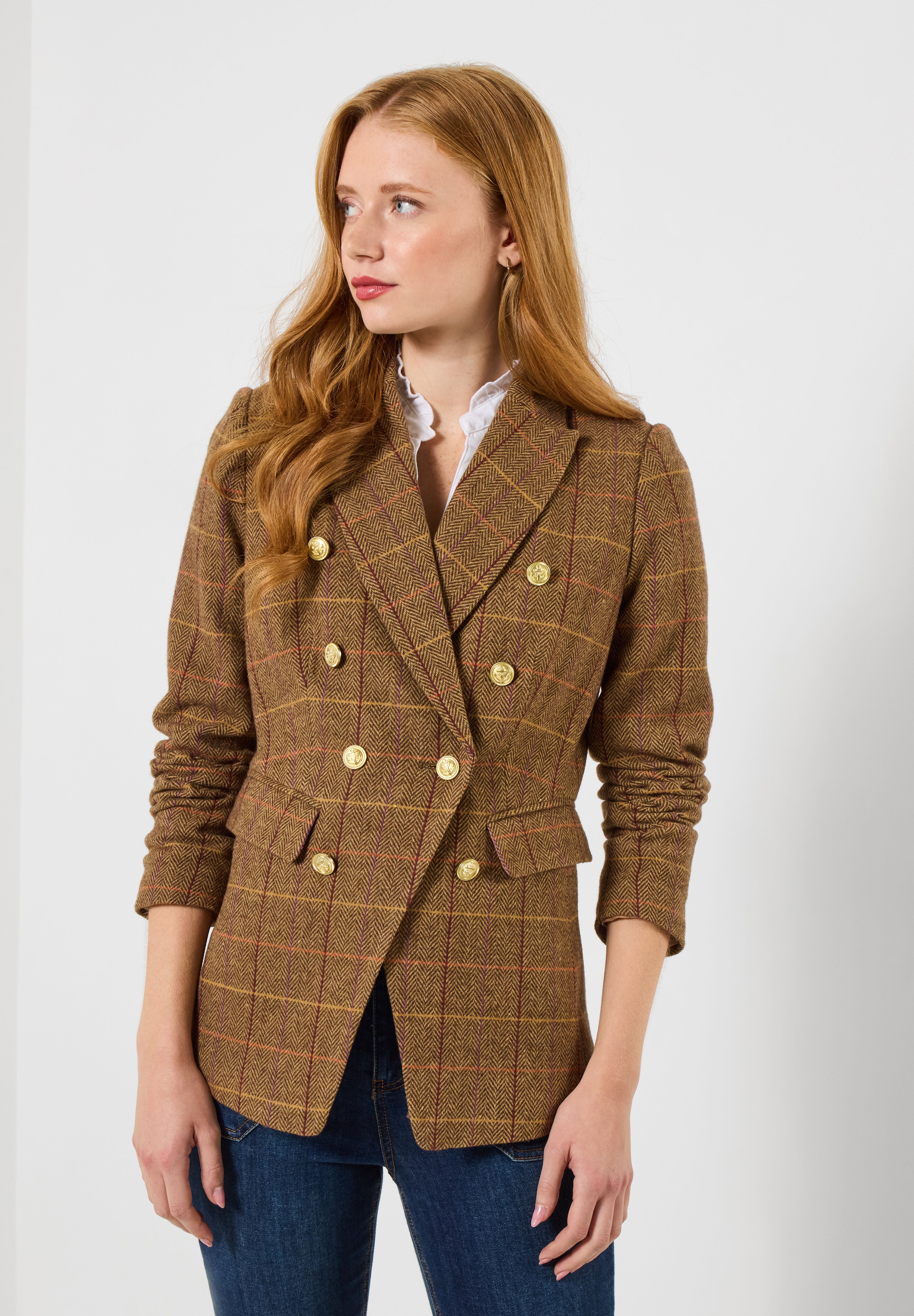Double Breasted Plaid Blazer, COGNAC PLAID, alternate image number 2