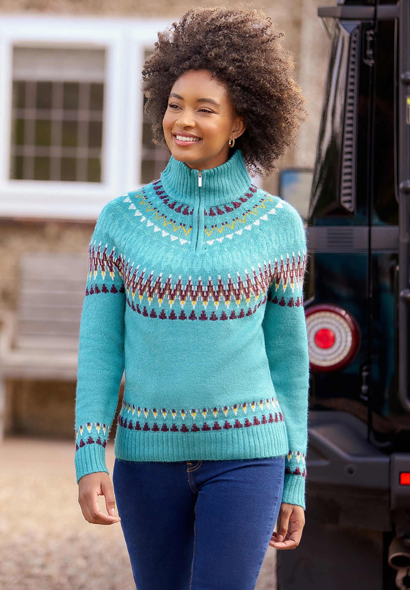 Fair Isle Quarter Zip Sweater, TEAL FAIRISLE, hi-res image number 0