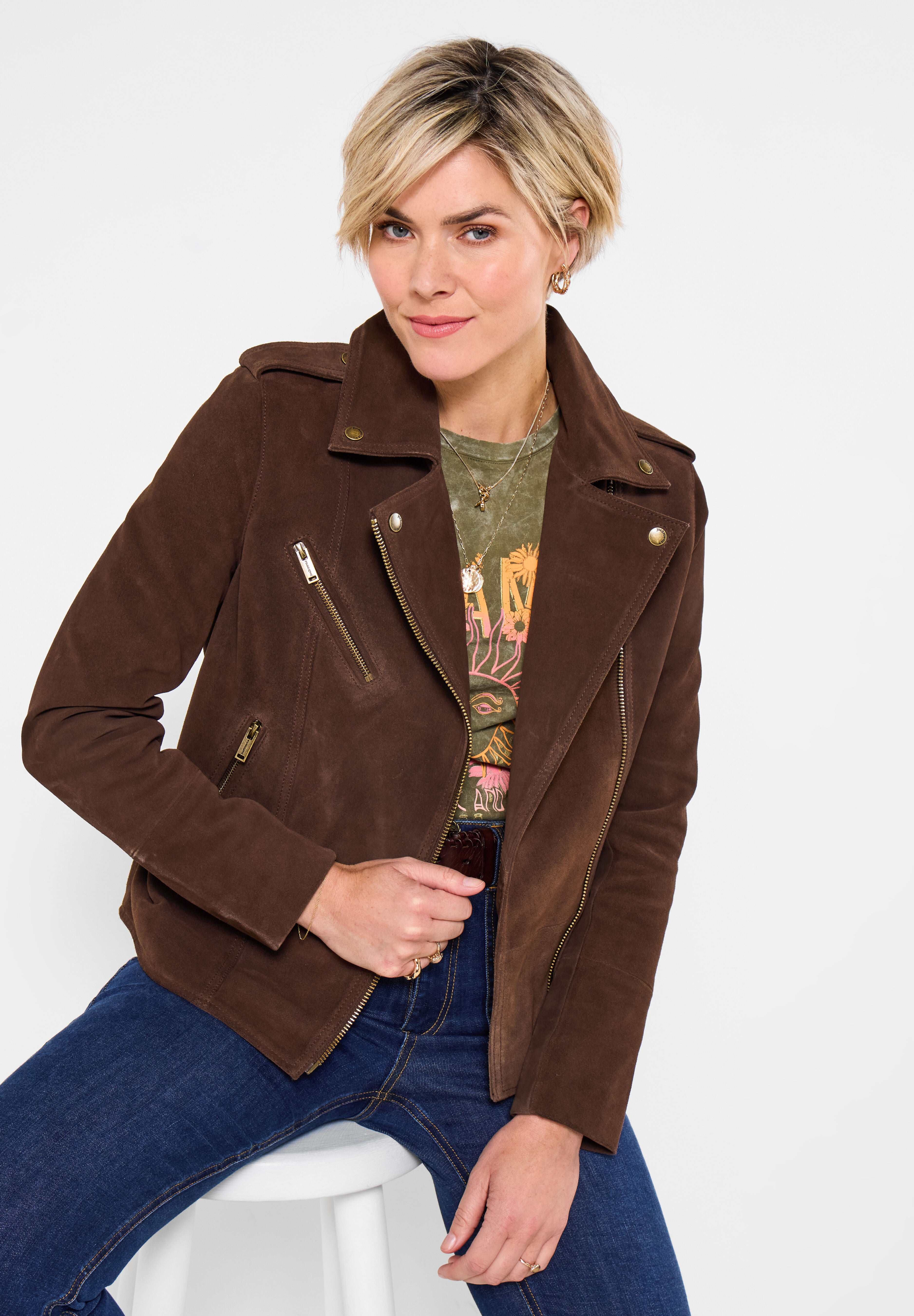 Suede Moto Jacket, CHOCOLATE BROWN, hi-res image number 0