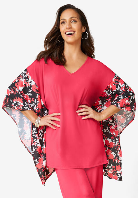 Scarf Sleeve Tunic, VIBRANT WATERMELON SHADOW BOUQUET, hi-res image number null