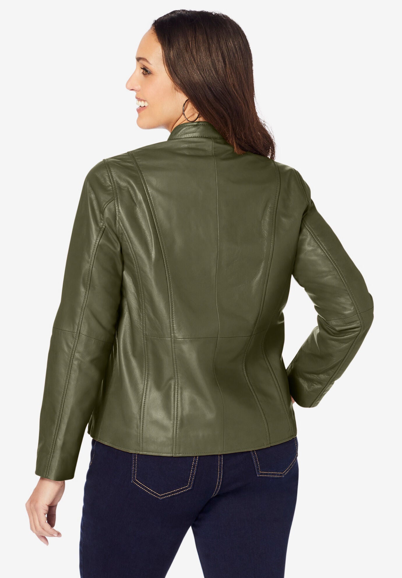 Zip Front Leather Jacket, DARK OLIVE GREEN, on-hover image number 1