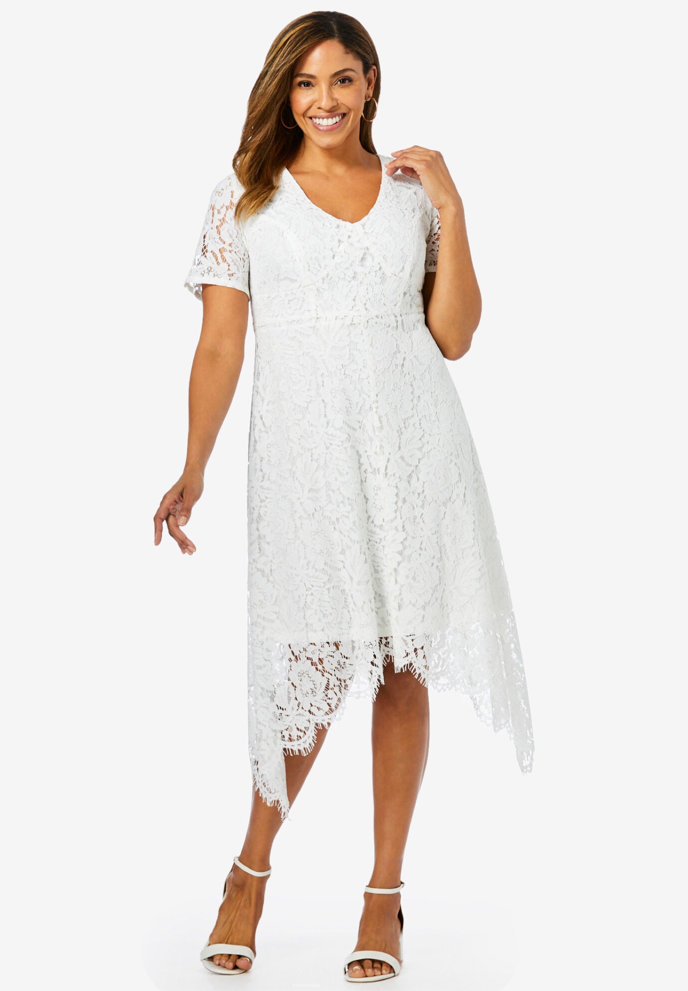 Elegant Lace Handkerchief Dress V Neck A Line White Catherines