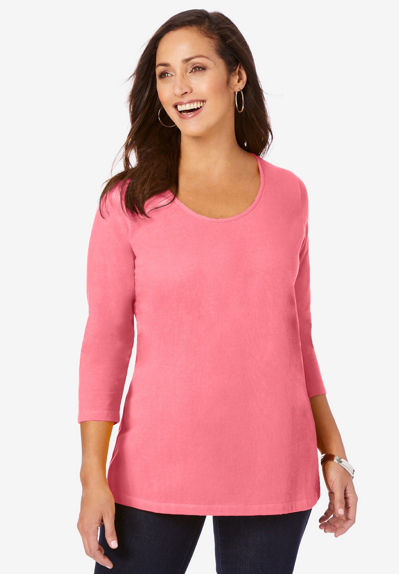 Stretch Cotton Scoop Neck Tee, TEA ROSE, hi-res image number 0