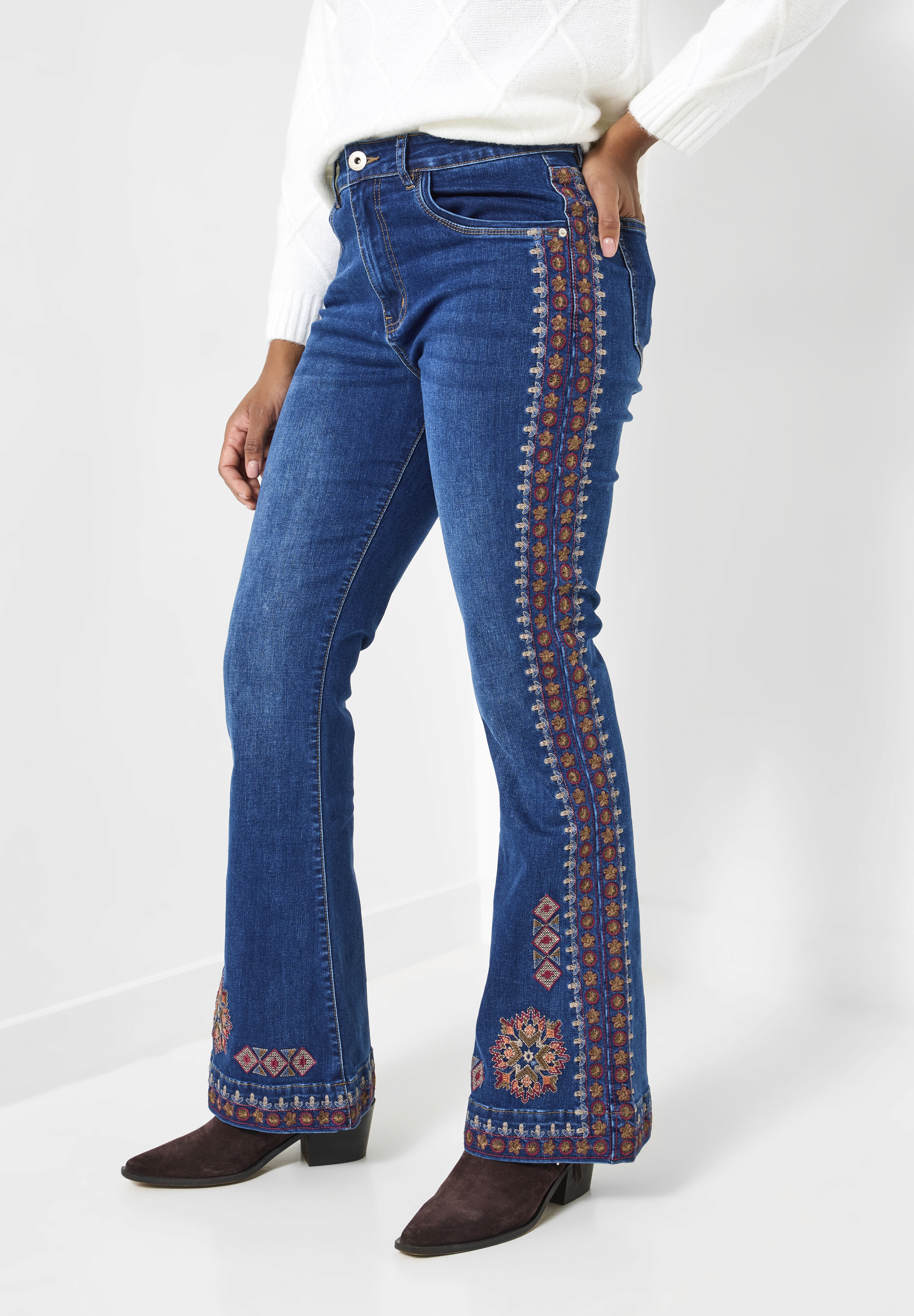 Embroidered Flare Jeans, DARK BLUE AZTEC, hi-res image number 0