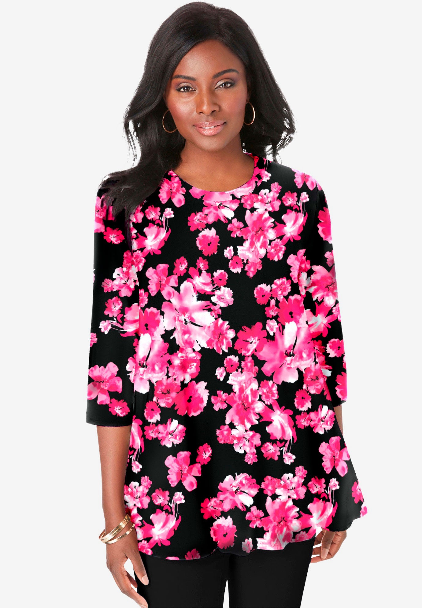 Stretch Knit Swing Tunic Season Spanning Style Cherry Red Floral Print Catherines