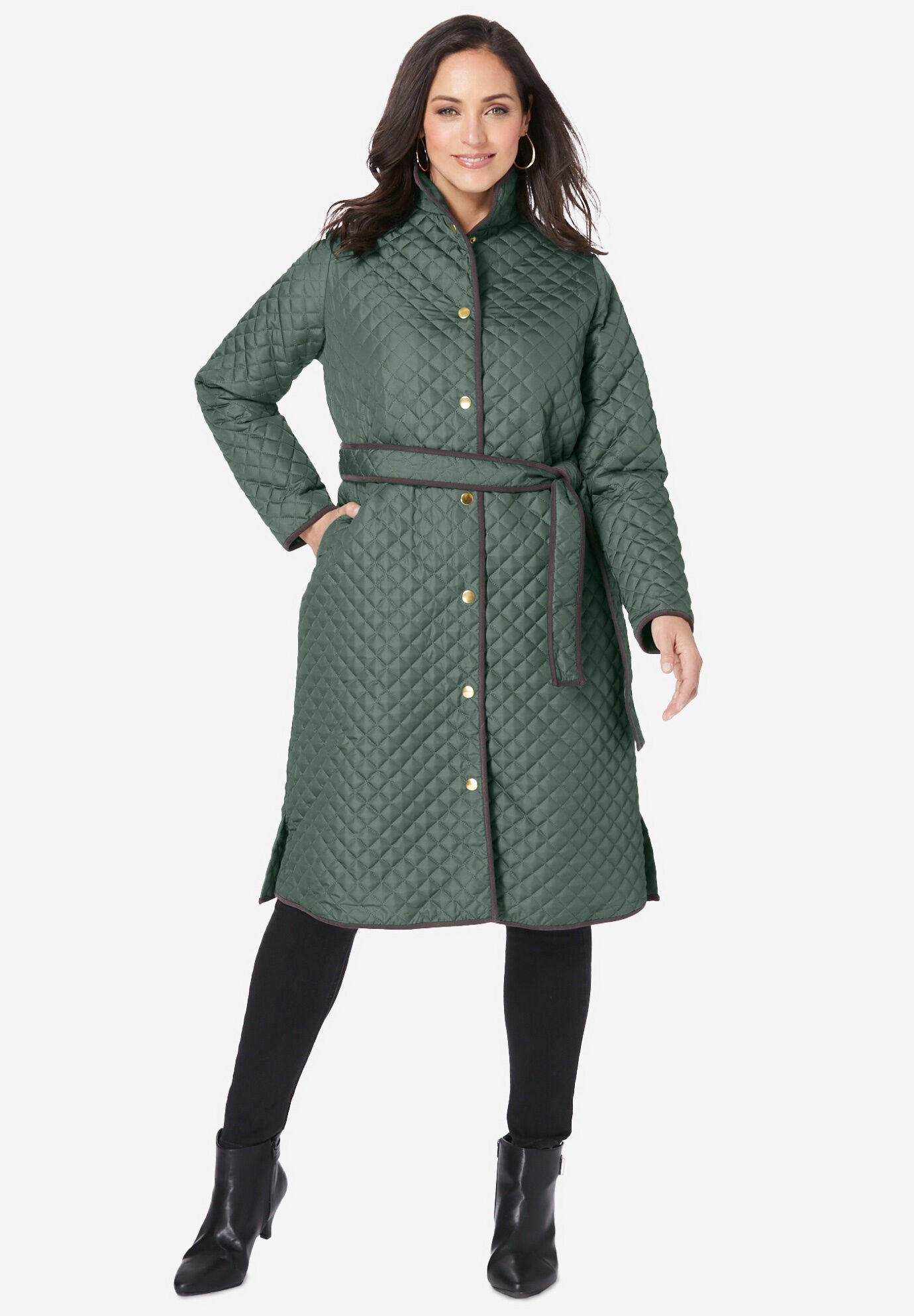 Quilted Collarless Long Jacket with Belt 4456909 Catherines