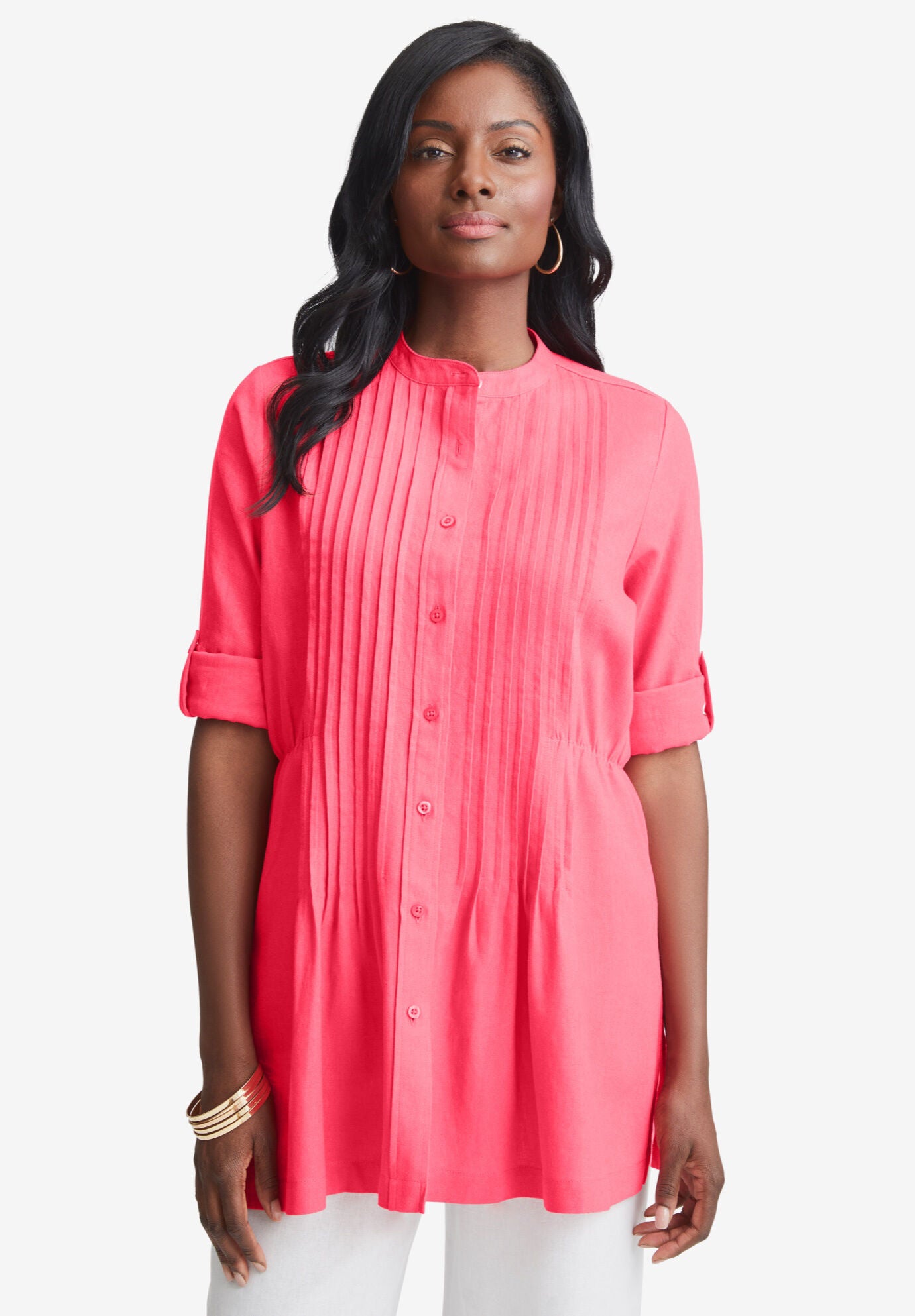 Linen Pintuck Button Front Blouse for Women, 4477643 | Catherines