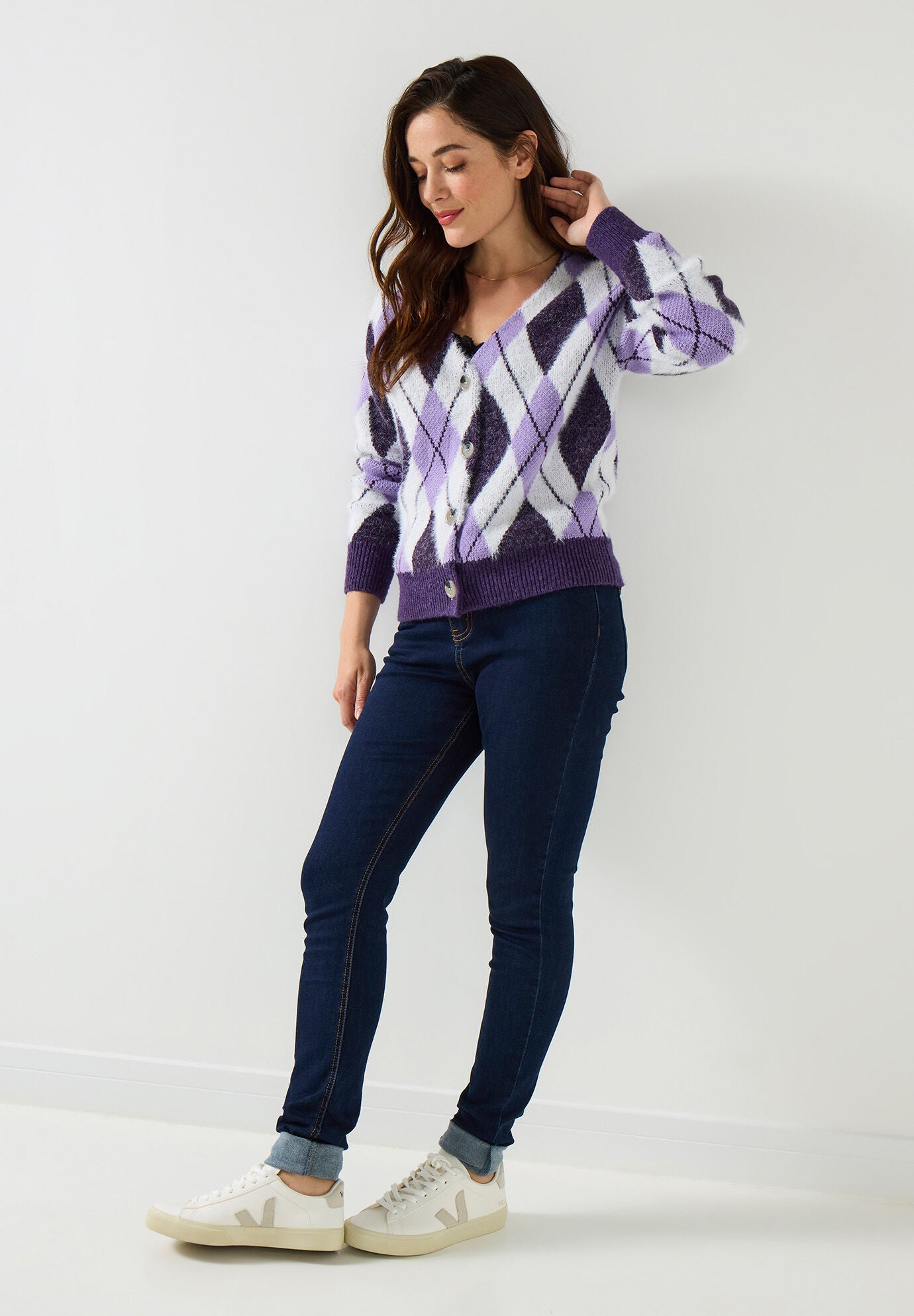 Fuzzy V-Neck Cardigan, VIOLET ARGYLE, alternate image number 5