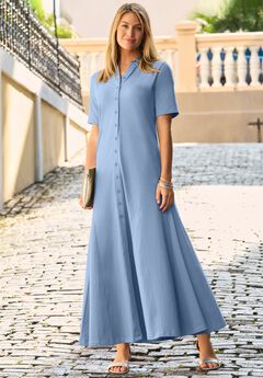 Stretch Cotton Button Front Maxi Dress