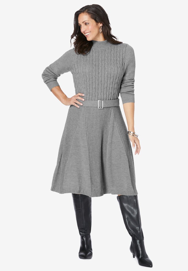 Belted Cable Sweater Dress, MEDIUM HEATHER GREY, hi-res image number null