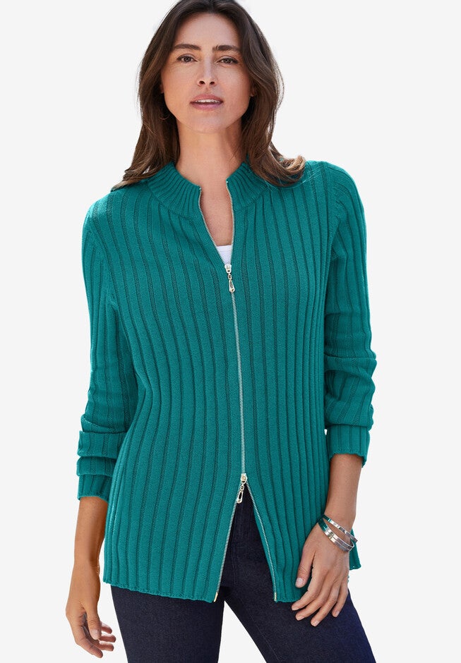 Ribbed Zipper Cardigan, TROPICAL TEAL, hi-res image number null