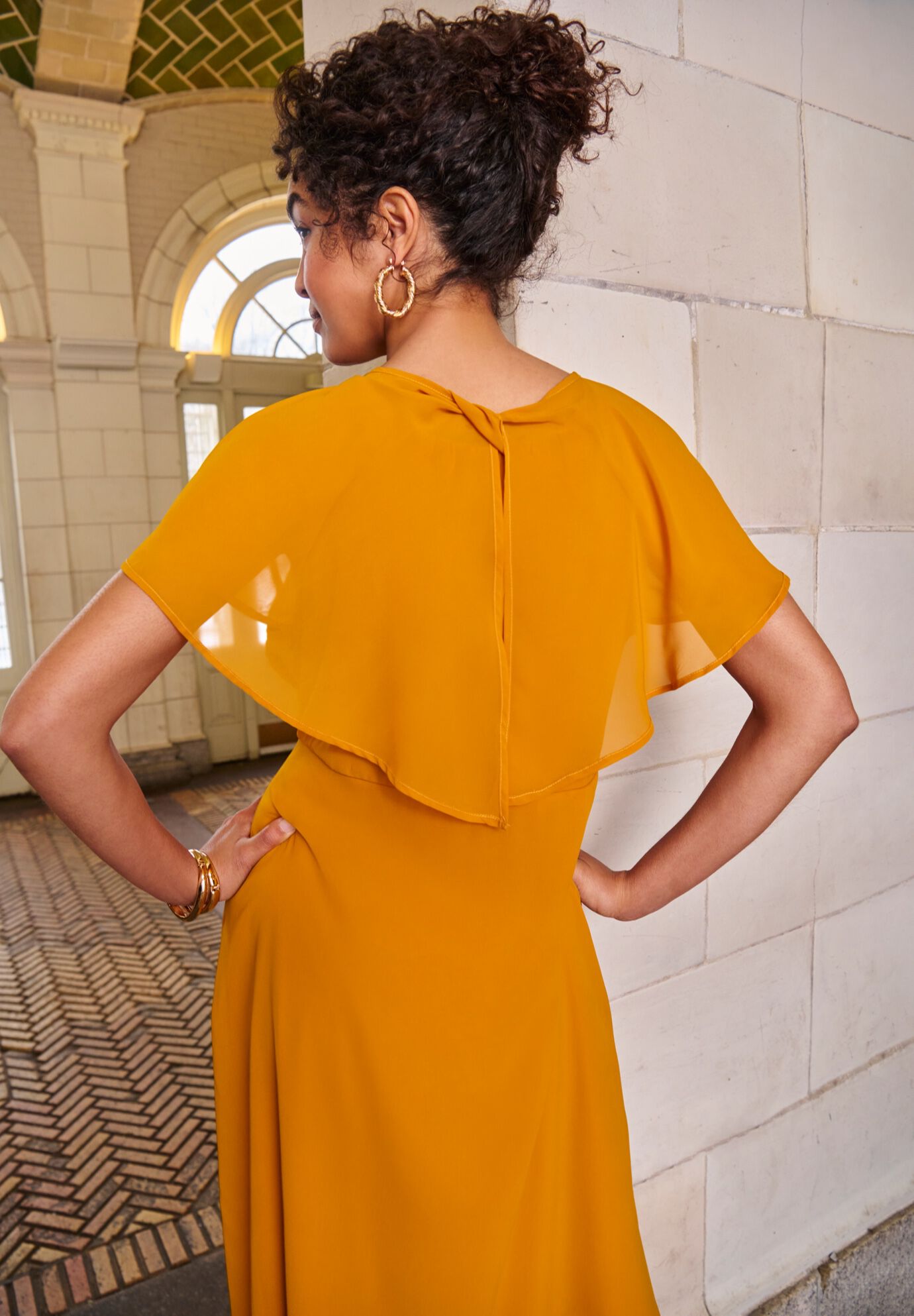 Georgette Fit-and-Flare Caplet Dress, RICH GOLD, alternate image number 2