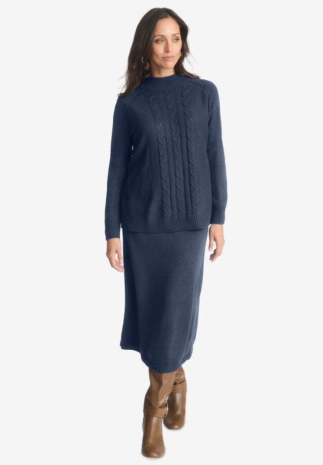 2PC MOCK NECK SWEATER SKIRT SET, NAVY, hi-res image number null