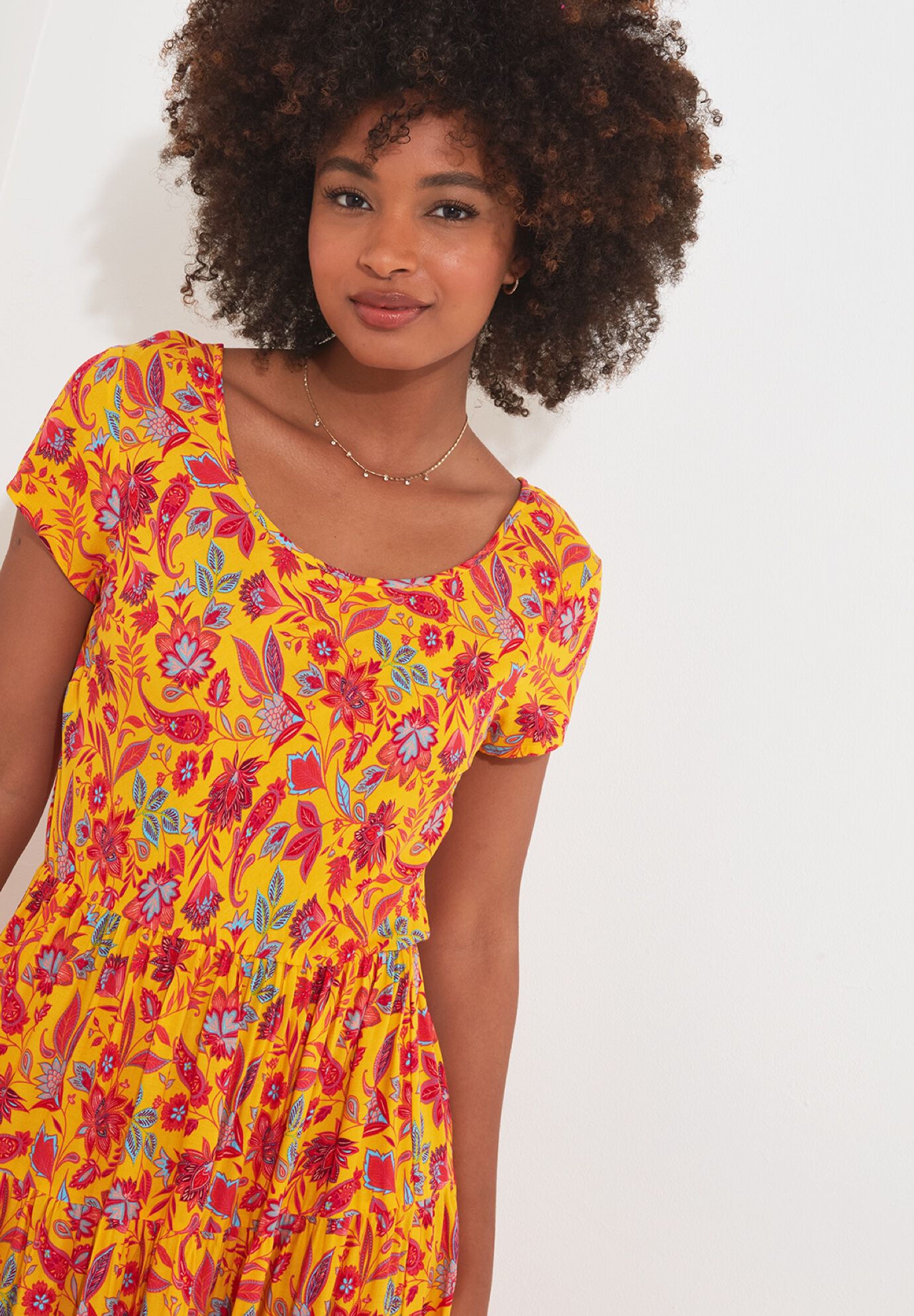 Short Sleeve Flowy Maxi Dress, GOLDEN BLOOM, on-hover image number 1