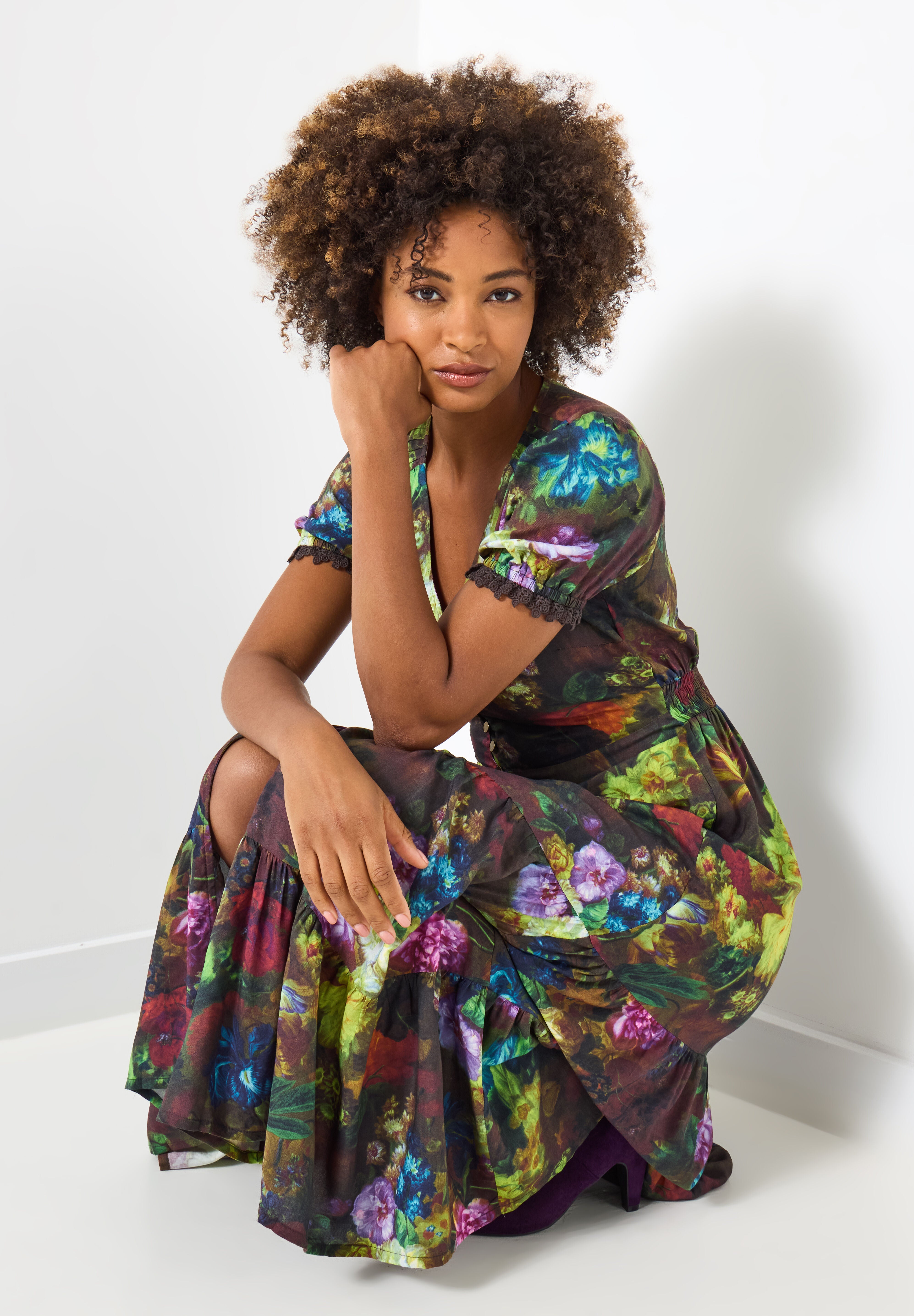 V-Neck Tiered Midi Dress, BAROQUE MULTI GARDEN, alternate image number 6