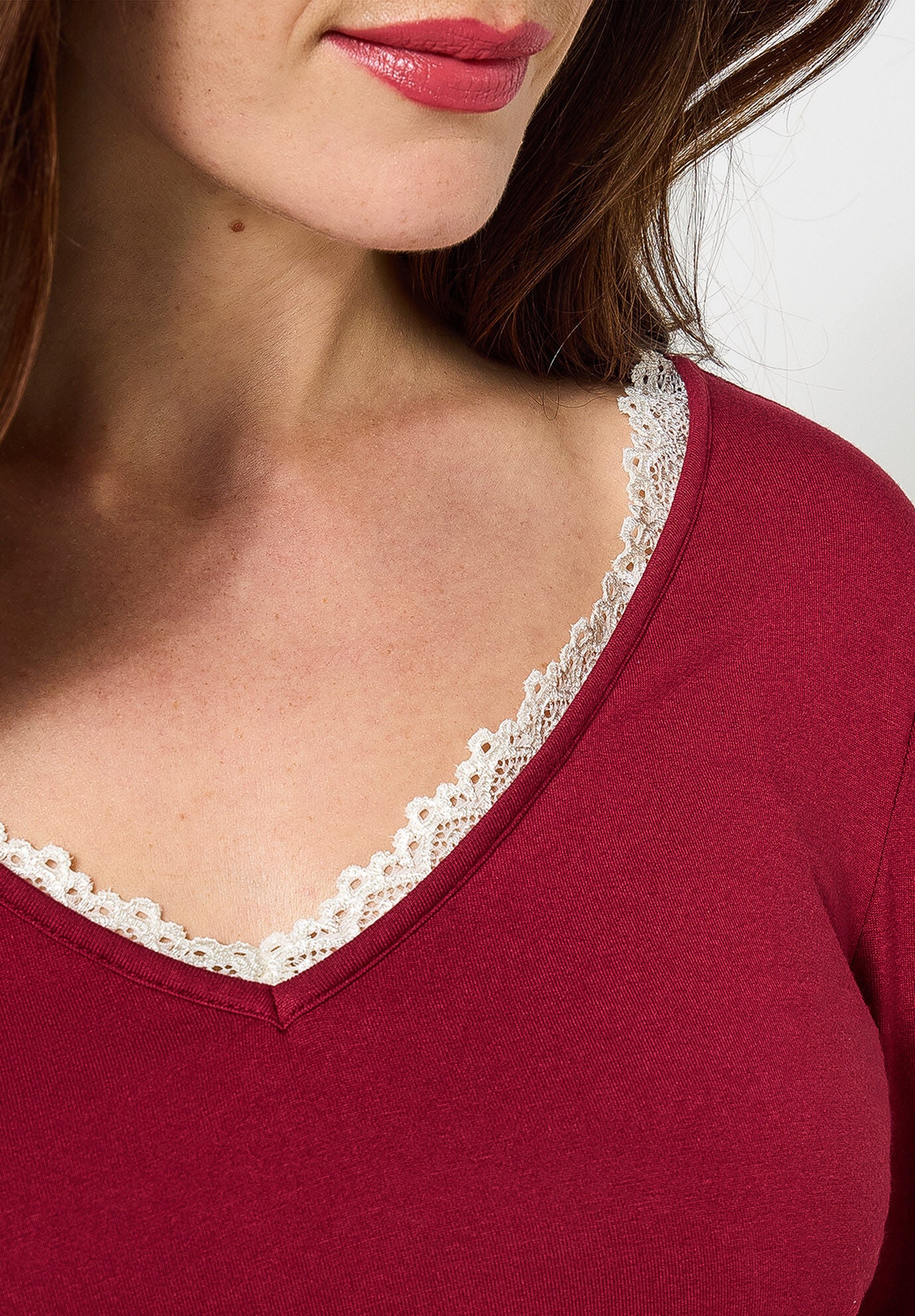 Stretch Knit V-Neck Tee, OXBLOOD, alternate image number 2