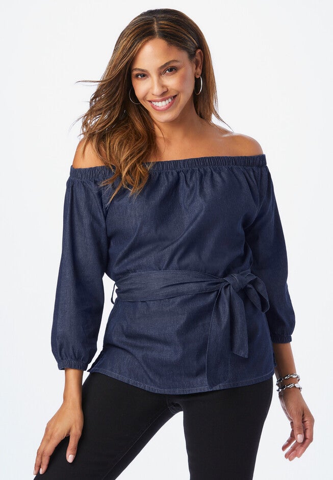 Off-The-Shoulder Denim Tunic, DARK WASH, hi-res image number null