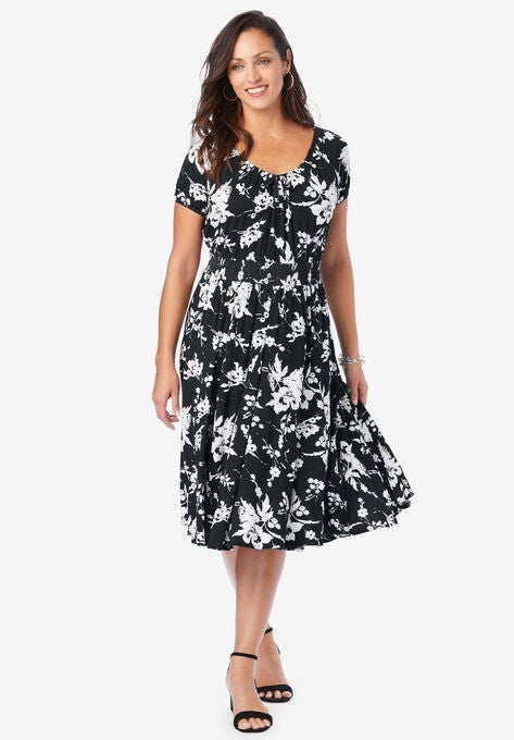 Flared Peasant Dress, BLACK FLORAL, hi-res image number null