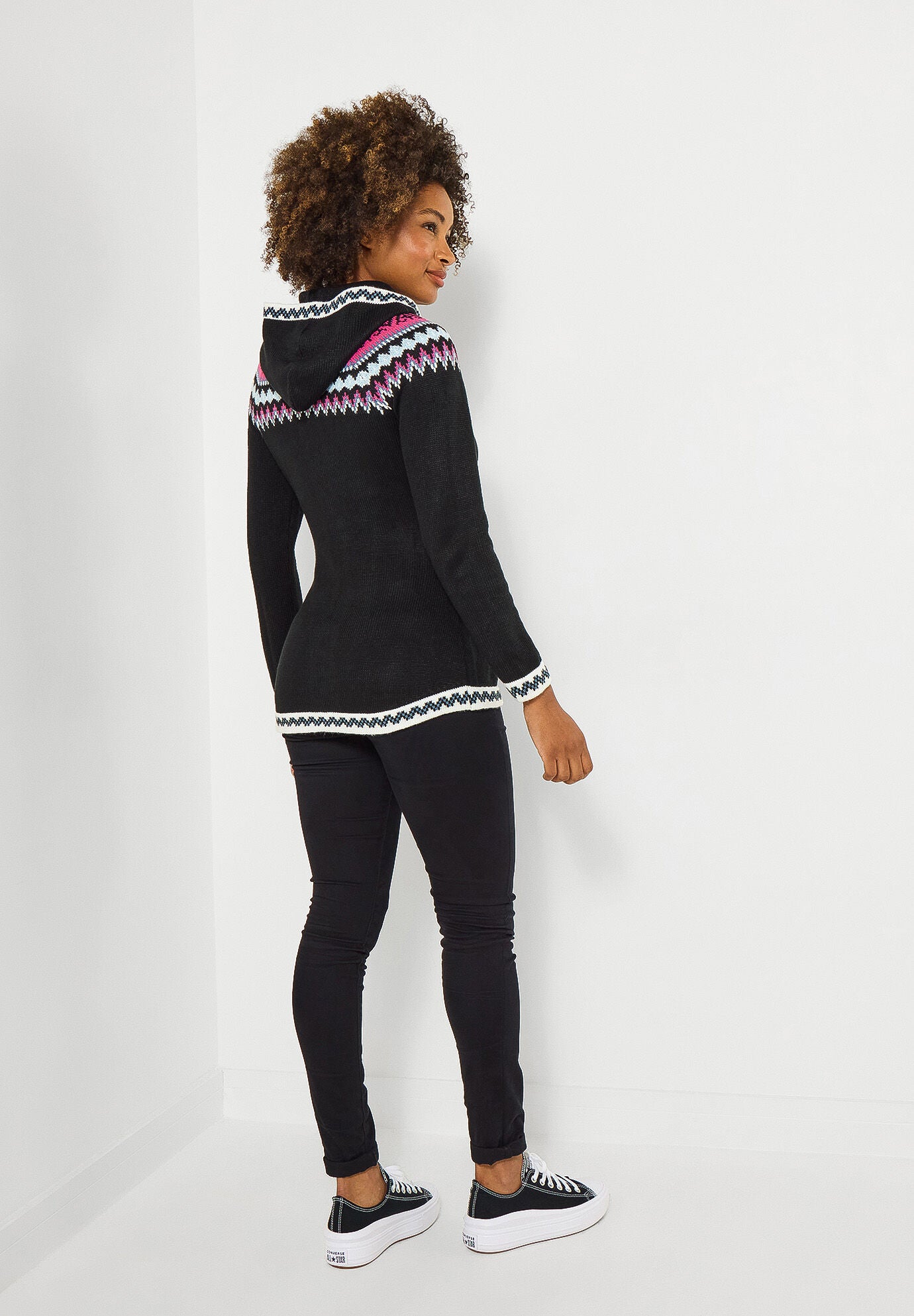 Fairisle Zip Hooded Sweater Jacket, BLACK FAIRISLE, alternate image number 3