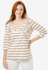 Embellished Scoop Neck Tee, NEW KHAKI STRIPE PAISLEY, hi-res image number null