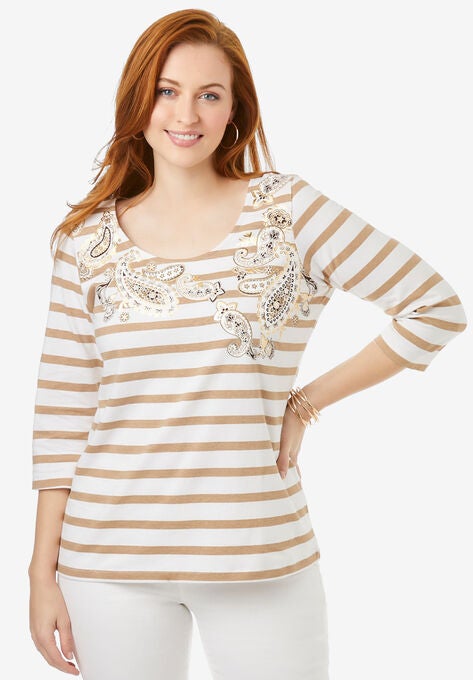 Embellished Scoop Neck Tee, NEW KHAKI STRIPE PAISLEY, hi-res image number null