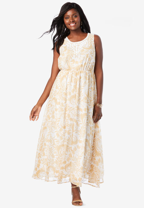 Embellished Maxi Dress, CAMEL TAN SCROLL FLOWER, hi-res image number null