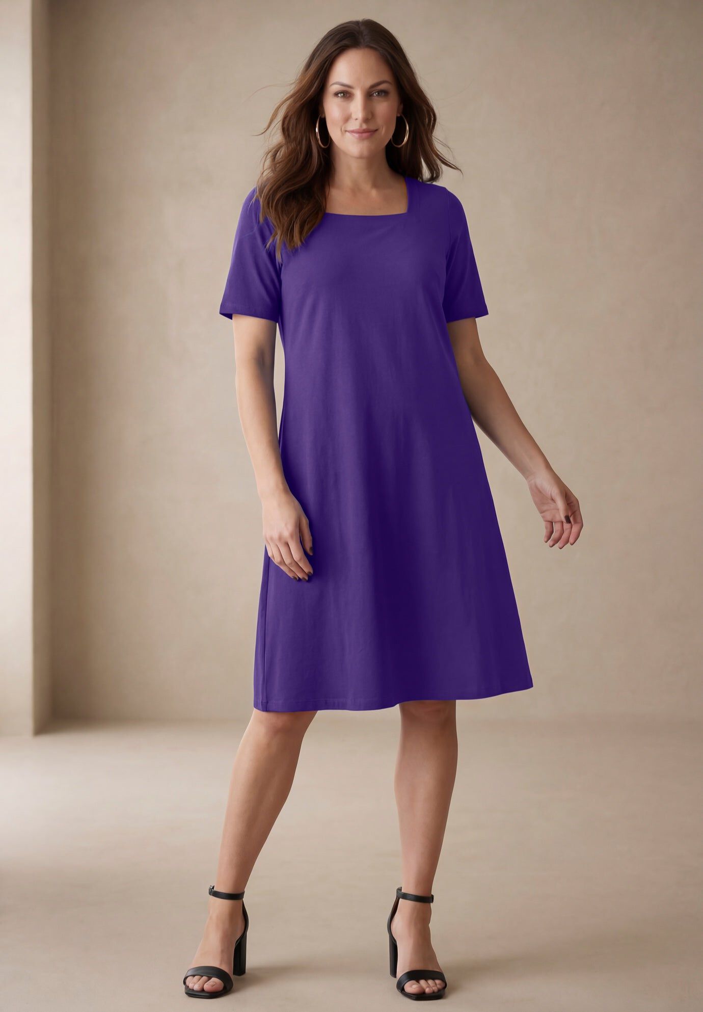 Stretch Cotton Square Neck Midi Dress, MIDNIGHT VIOLET, hi-res image number 0