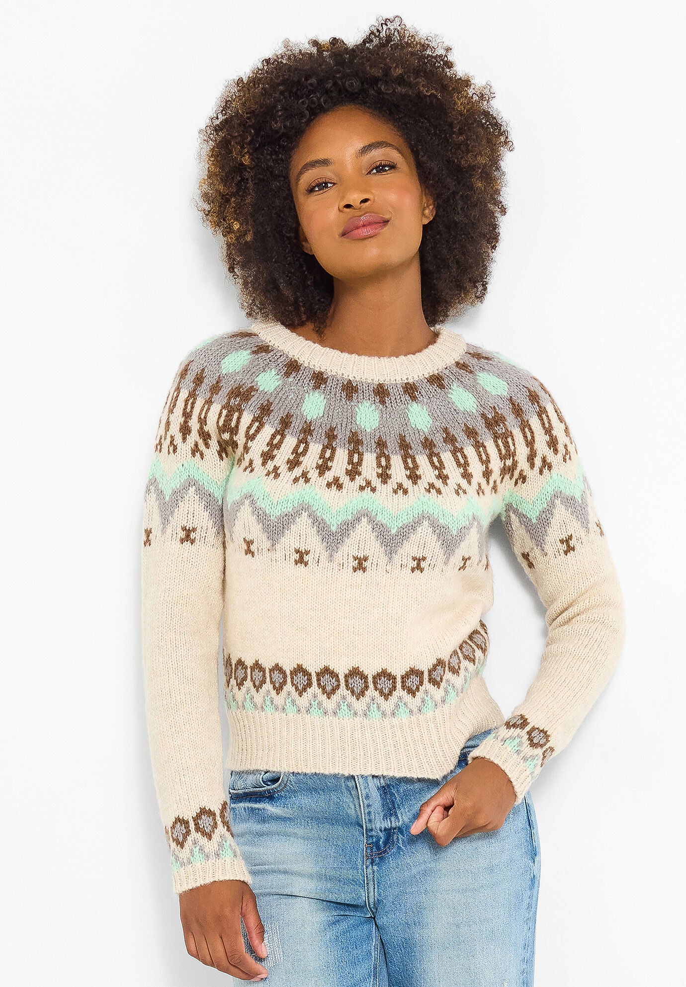 Cozy Fair Isle Pullover Sweater, OATMEAL FAIRISLE, hi-res image number 0