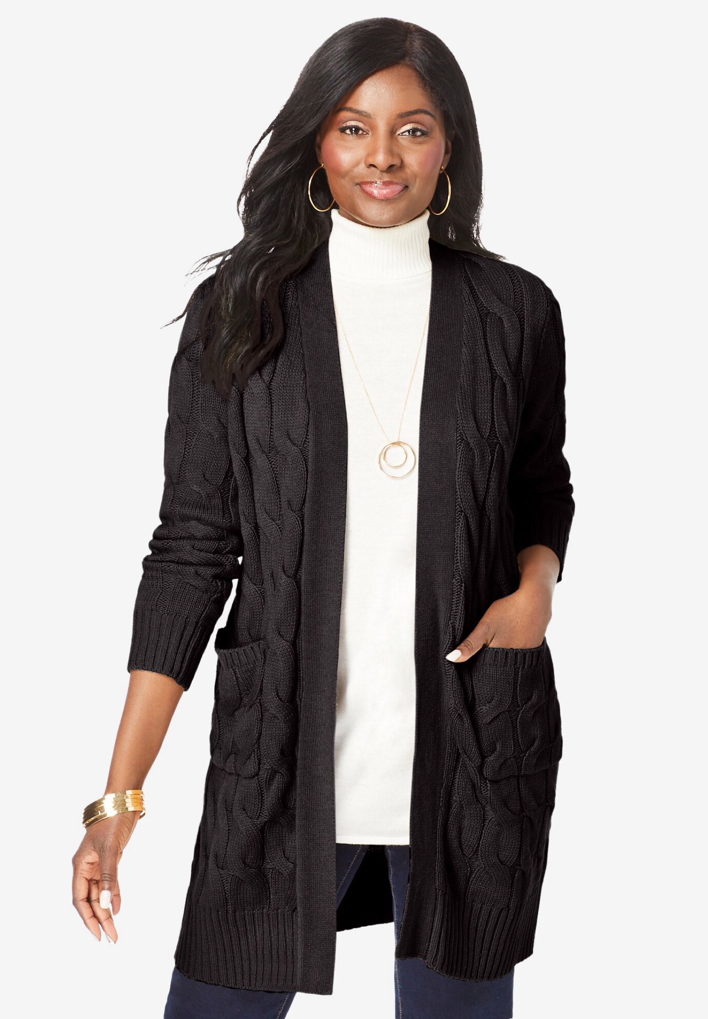 Fall Essential Cable Knit Duster Sweater Heather Charcoal Catherines