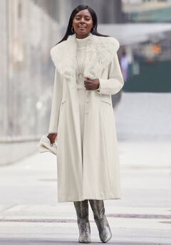 Long Wool-Blend Coat with Faux Fur Collar