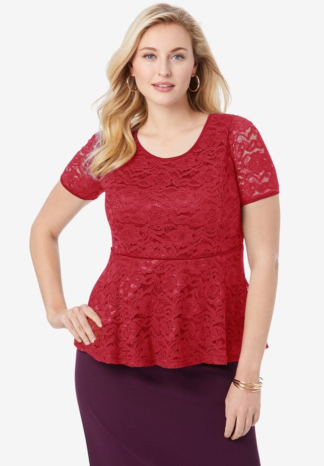 Peplum Lace Top, CLASSIC RED, hi-res image number 0