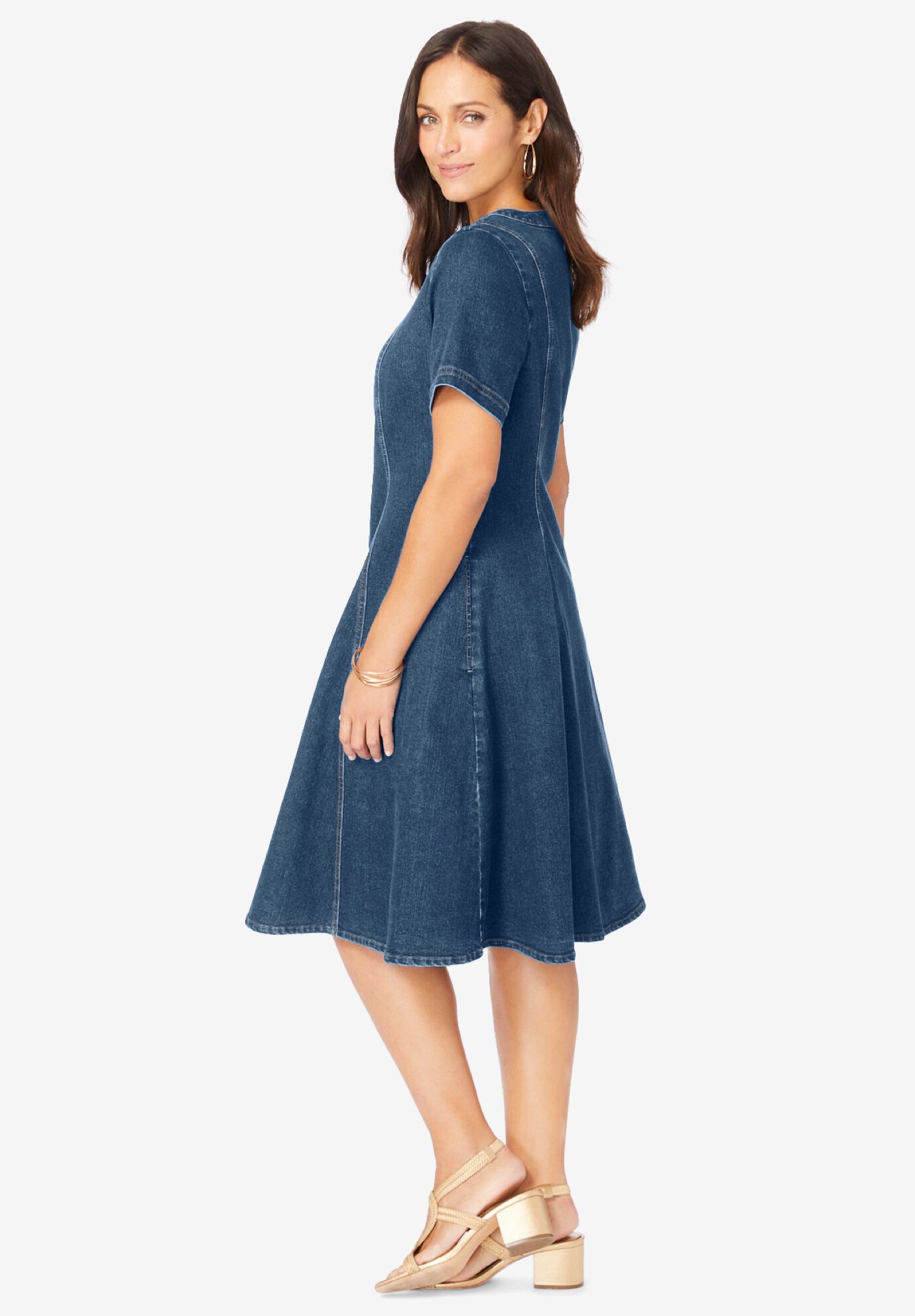 Button Front Denim Dress, MEDIUM STONEWASH, alternate image number 2