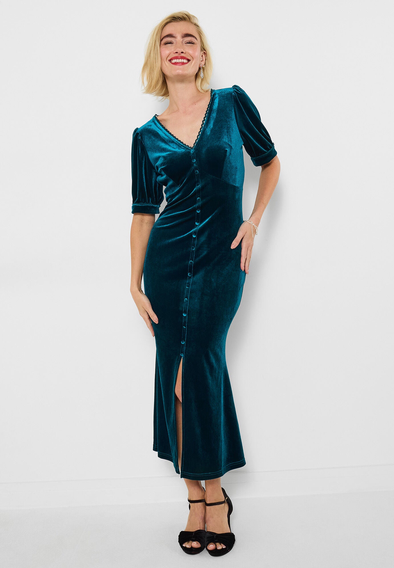 Stretch Velvet Fluted Midi Dress, TEAL, hi-res image number 0