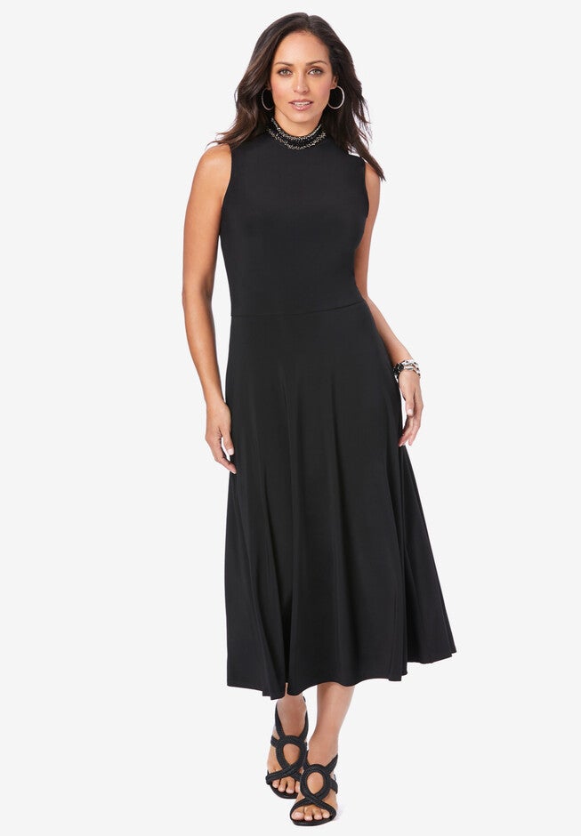 Jeweled Mock Neck Dress, BLACK, hi-res image number 0