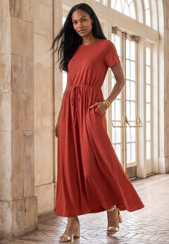 Stretch Cotton Drawstring Maxi Dress