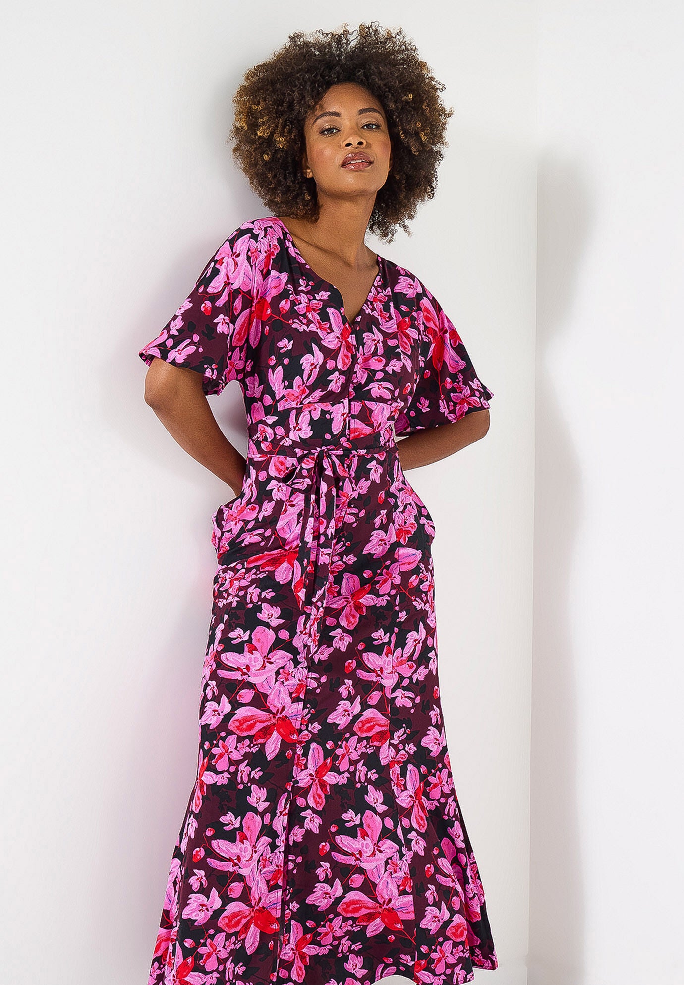 Flutter Sleeve Maxi Dress, PINK ABSTRACT FLORAL, alternate image number 5