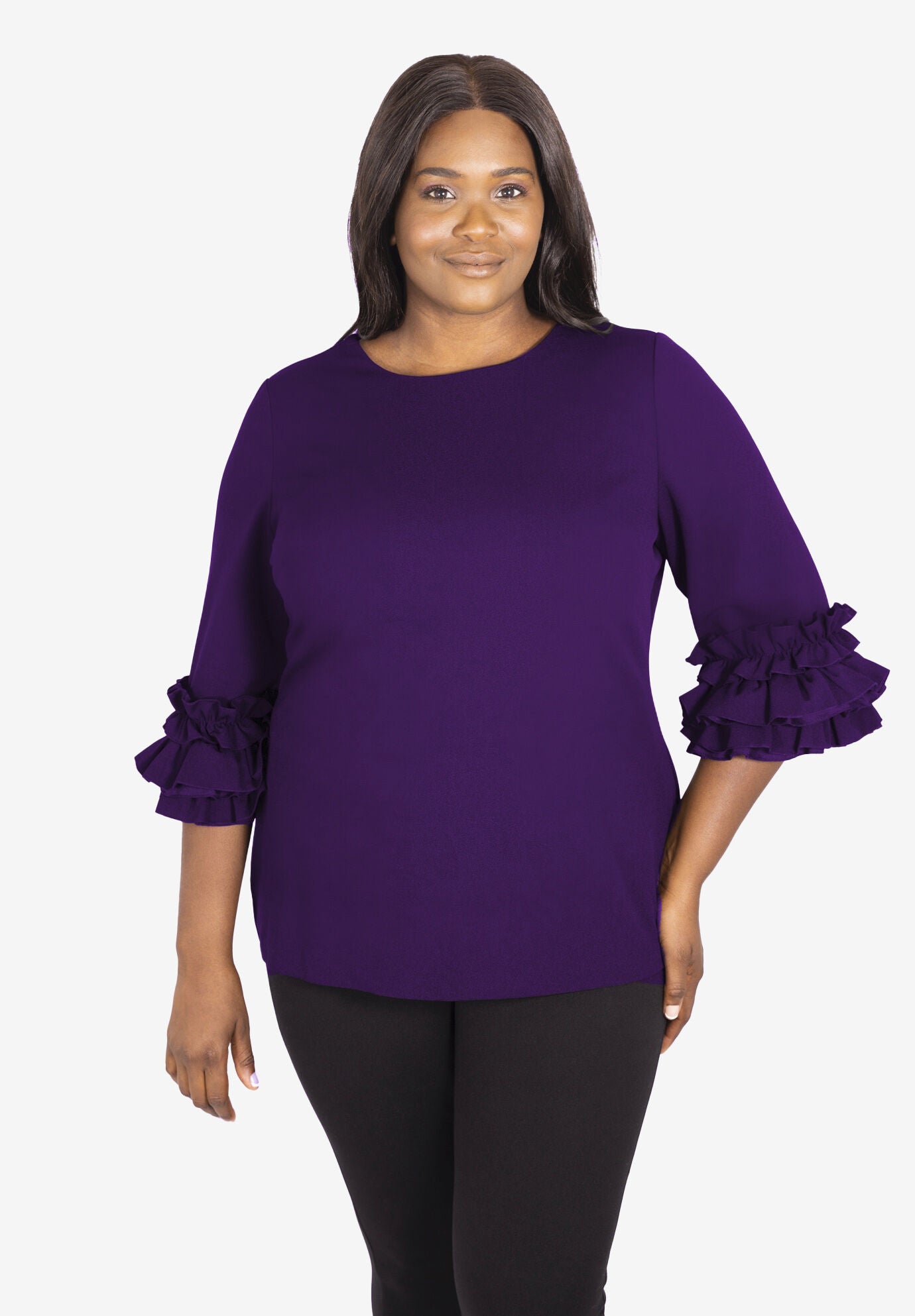Ruffle Sleeve Sweater, PURPLE, hi-res image number 0