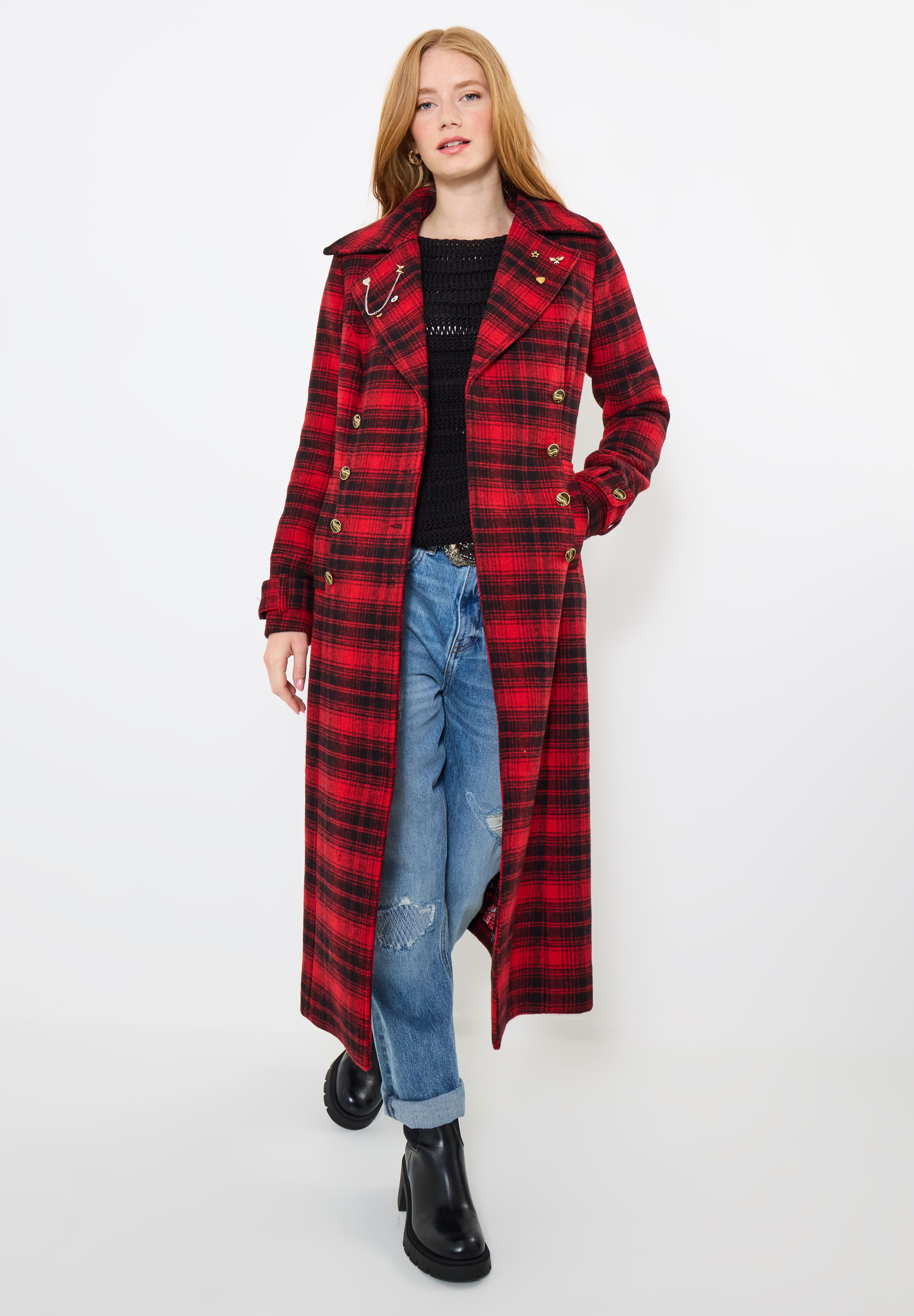 Wool-Blend Double Breasted Coat, RED MEGA PLAID, on-hover image number 1