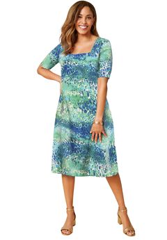 Stretch Cotton Square Neck Midi Dress