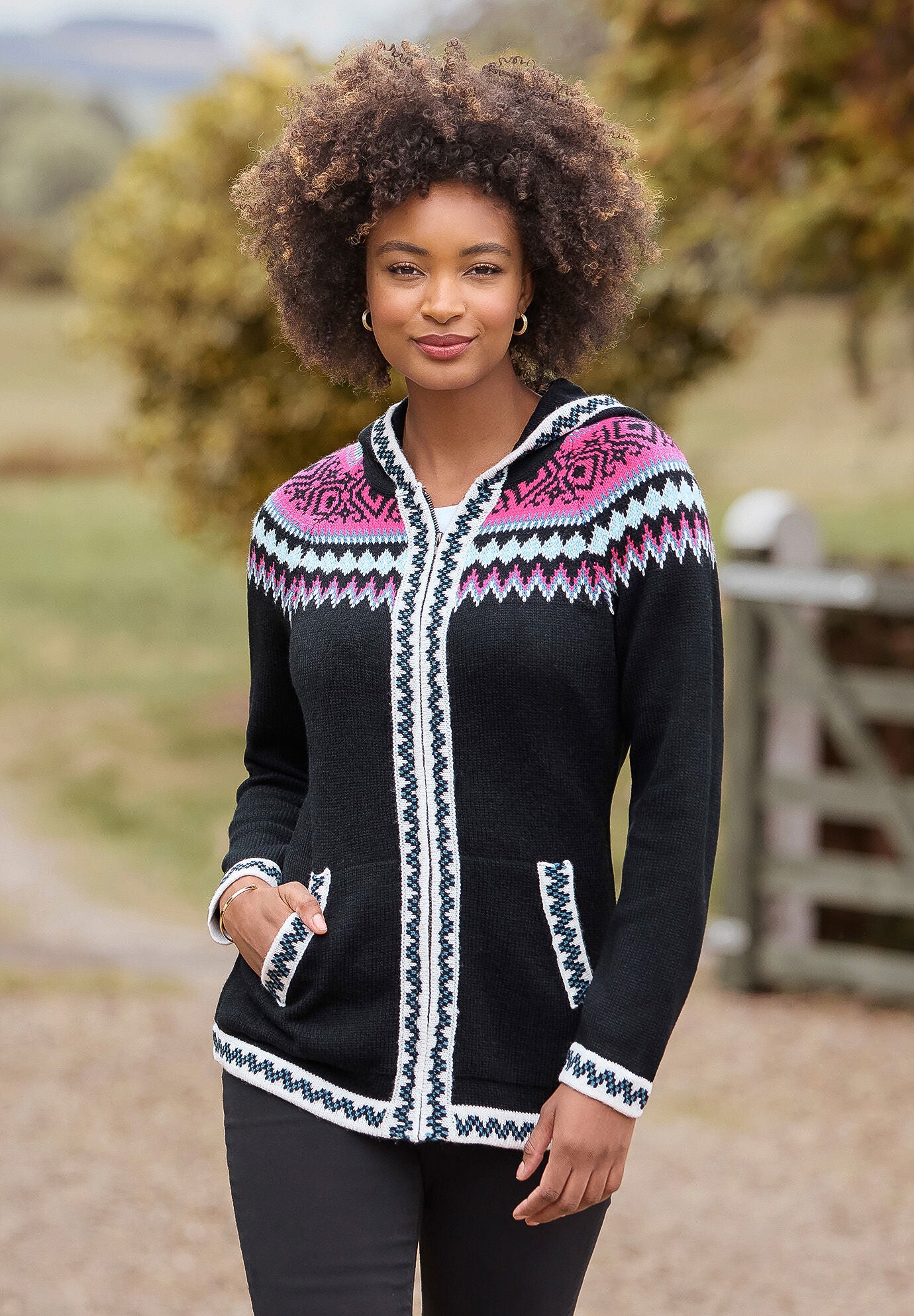 Fairisle Zip Hooded Sweater Jacket, BLACK FAIRISLE, hi-res image number 0
