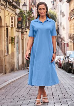 Stretch Cotton Notch Neck Midi Dress