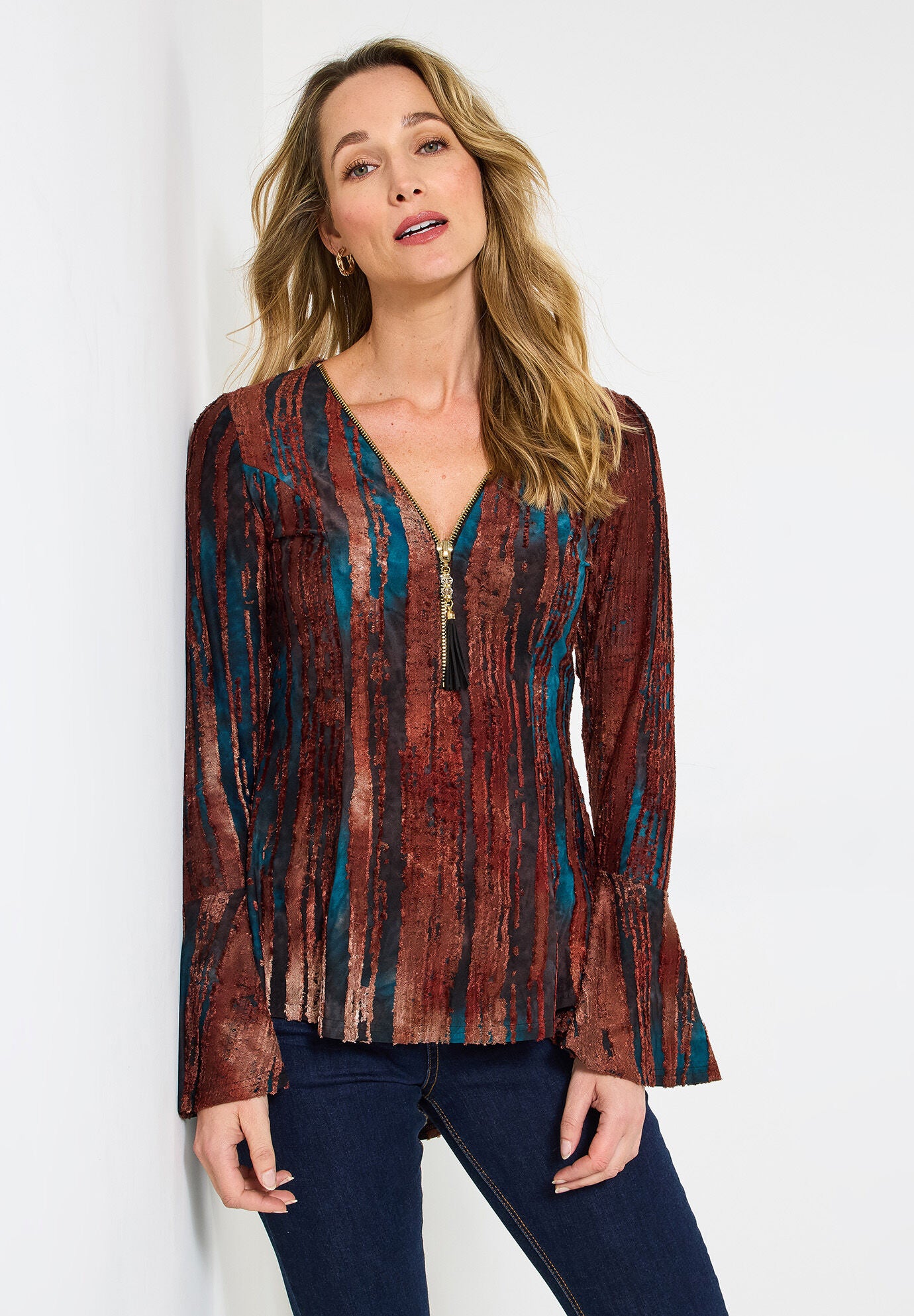 Zip Neck Bell Sleeve Top, RUST BURNOUT STRIPE, hi-res image number 0