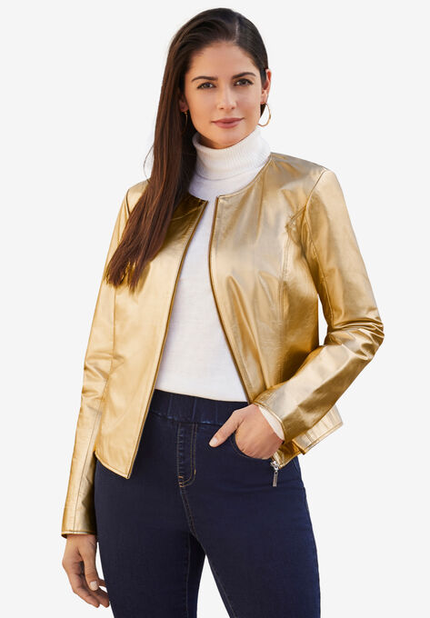 Collarless Leather Jacket, GOLD, hi-res image number null