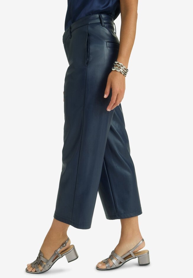 Faux Leather Wide-Leg Crop Pant, NAVY, alternate image number null