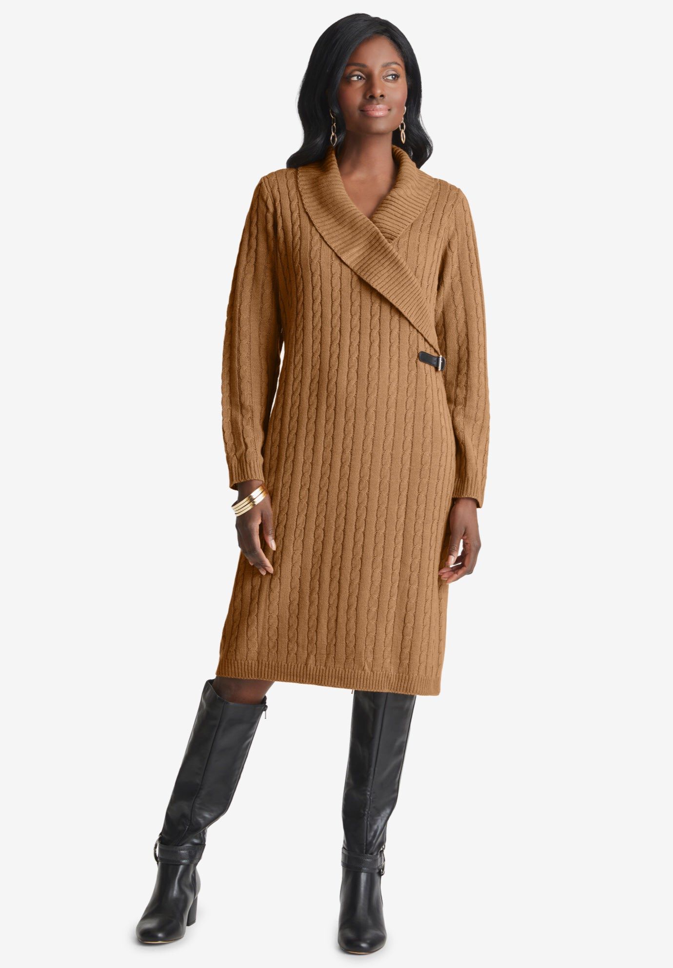 Pullover Faux Wrap Buckle Dress, BROWN MAPLE, hi-res image number 0