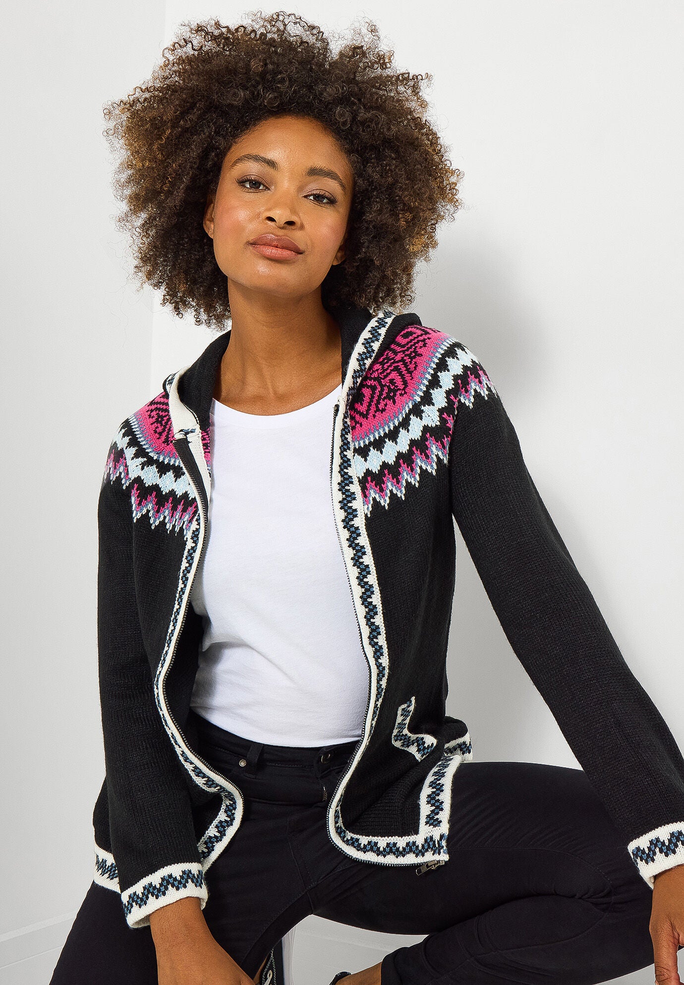 Fairisle Zip Hooded Sweater Jacket, BLACK FAIRISLE, on-hover image number 1