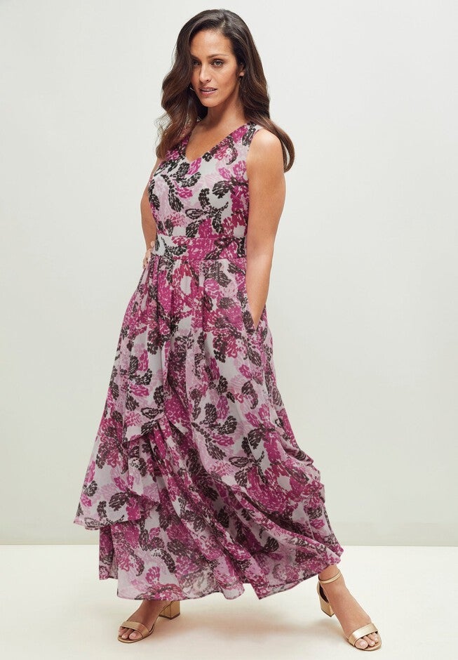 Maxi Dress - Georgette Flyaway Style, Pink Sketched Petals | Catherines Maxi Dress - Georgette Flyaway Style, Pink Sketched Petals | Catherines